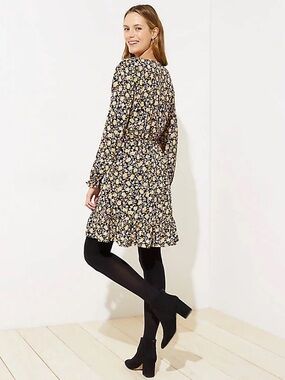 LOFT Floral Long Sleeve Tie Waist Dress Size Large Boho Ruffle Hem